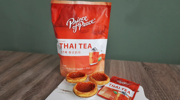 Thai Tea egg tarts with Prince of Peace Thai Tea packages.
