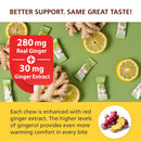 280mg real ginger & 30mg ginger extract. Each chew is enhanced with red ginger extract. The higher levels of gingerol provide even more warming comfort in every bite.