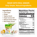 Nutrition facts label and ingredients list for ginger chews with lemon flavor on a white background.