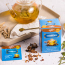 A package of Prince of Peace GoutCare Tea, sachet, teaspoon and ingredients in front of a glass teapot on a table.