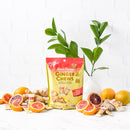A package of Prince of Peace Ginger Candy (Chews) Blood Orange with blood orange slice and gingers.