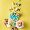 Prince of Peace Ginger Candies (Chews) Pineapple Coconut, pineapple cubes with a coconut and ginger on a yellow background.