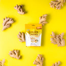 A package of Prince of Peace Ginger Chews Plus+, Original, 3oz with gingers on a yellow background.