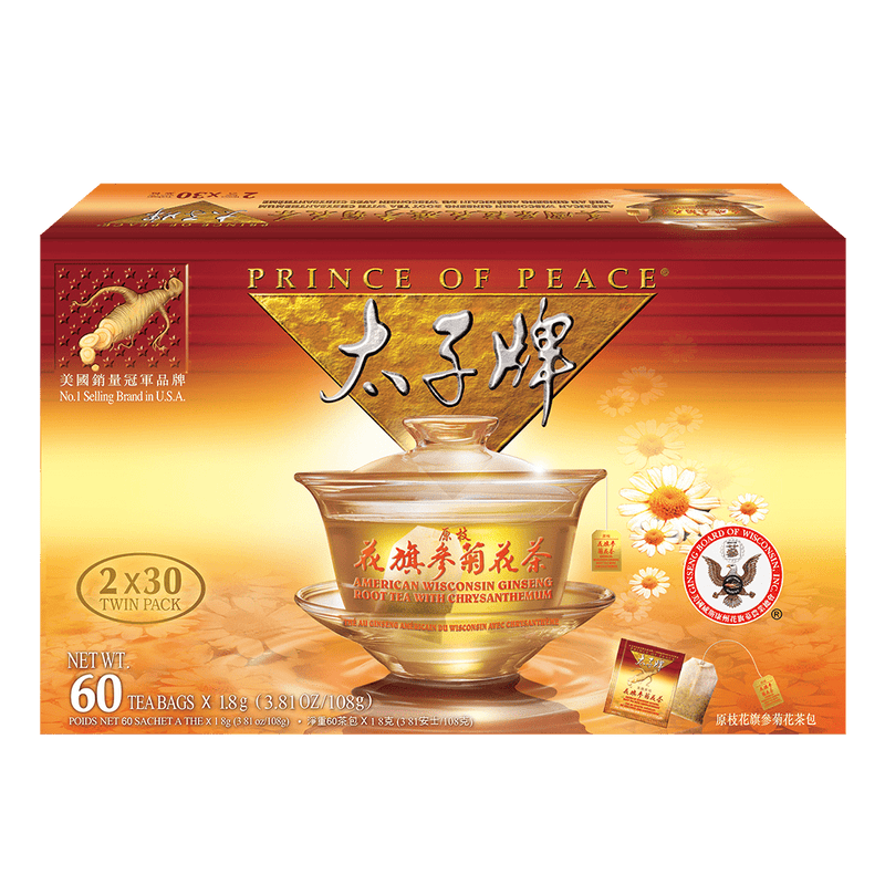 Prince of Peace American Ginseng Root Tea with Chrysanthemum, Twin Pack (2 boxes X 30 tea bags)