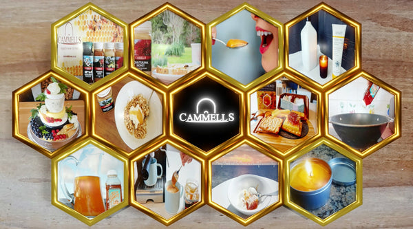 Cammells honey logo in a honeycomb design surrounded by photos showing honey lifestyle photos.