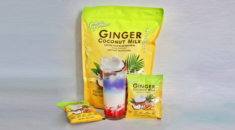 A glass of Ginger Coconut Agua Fresca drink with Prince of Peace Ginger Coconut Instant Beverage packages.