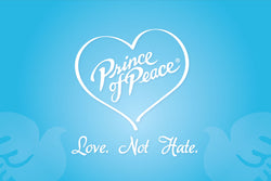 Prince of Peace logo in a heart shape with caption, Love. not Hate.