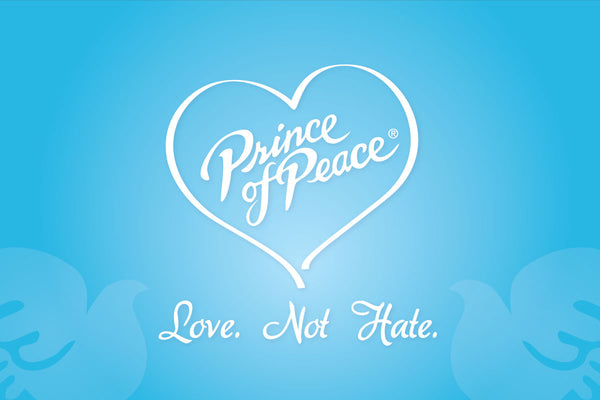 Prince of Peace logo in a heart shape with caption, Love. not Hate.