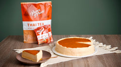 Thai Tea crepe cake with Prince of Peace Thai Tea packages.