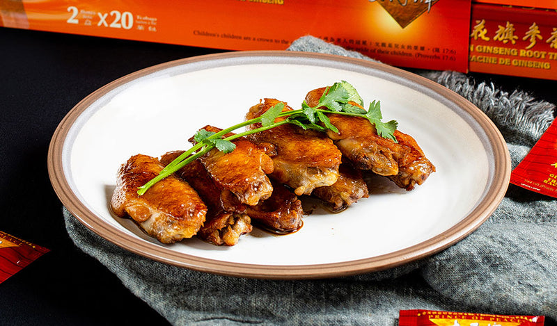 Honey Ginseng Chicken Wings with Prince of Peace American Ginseng tea.