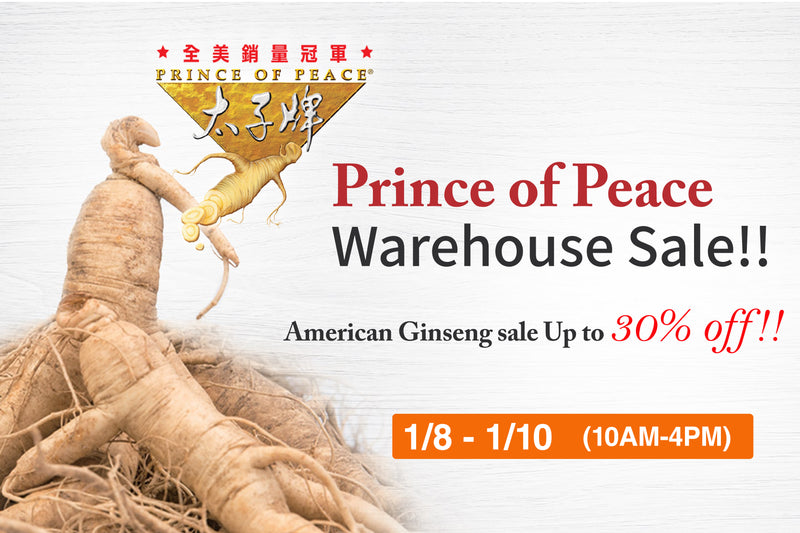 Advertisement for 'Prince of Peace' warehouse sale featuring American Ginseng roots.