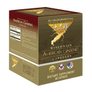 Wisconsin American Ginseng capsules in a brown and gold cardboard box, featuring a ginseng root illustration and product details on the front and side panels.