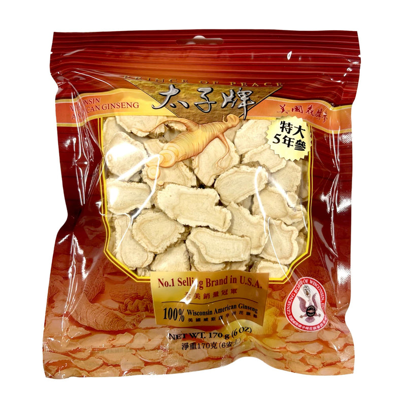 A package of Prince of Peace Wisconsin American Ginseng 5 Year Root Slices, 6oz.