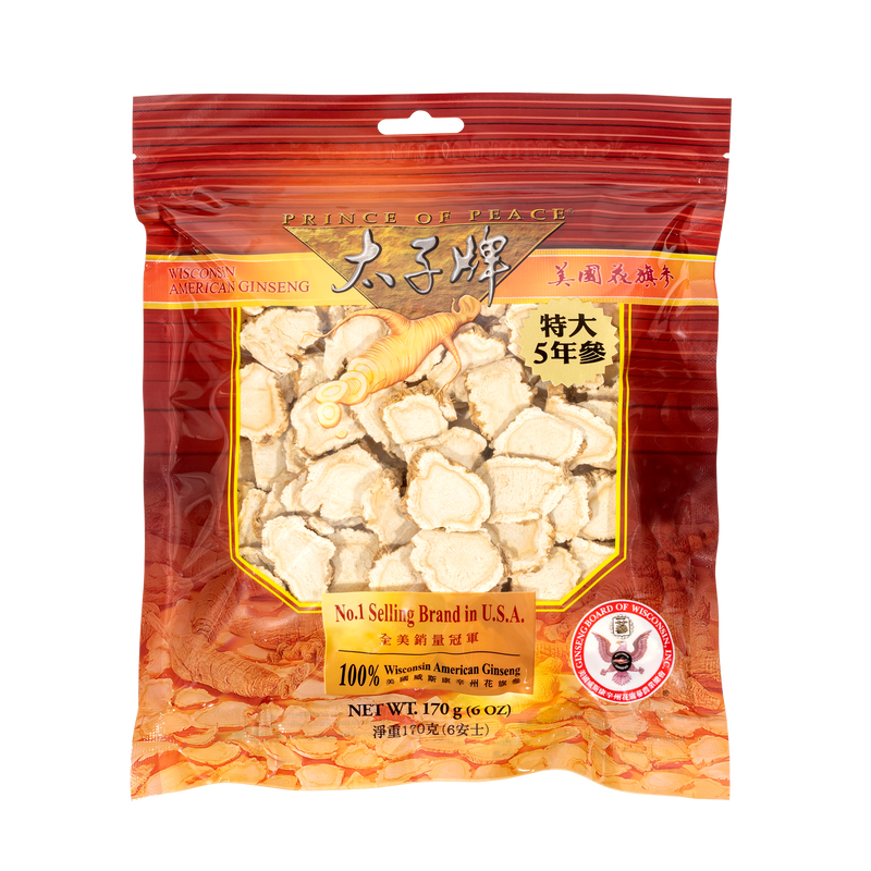 A package of Prince of Peace Wisconsin American Ginseng 5 Year Root Slices, 6oz