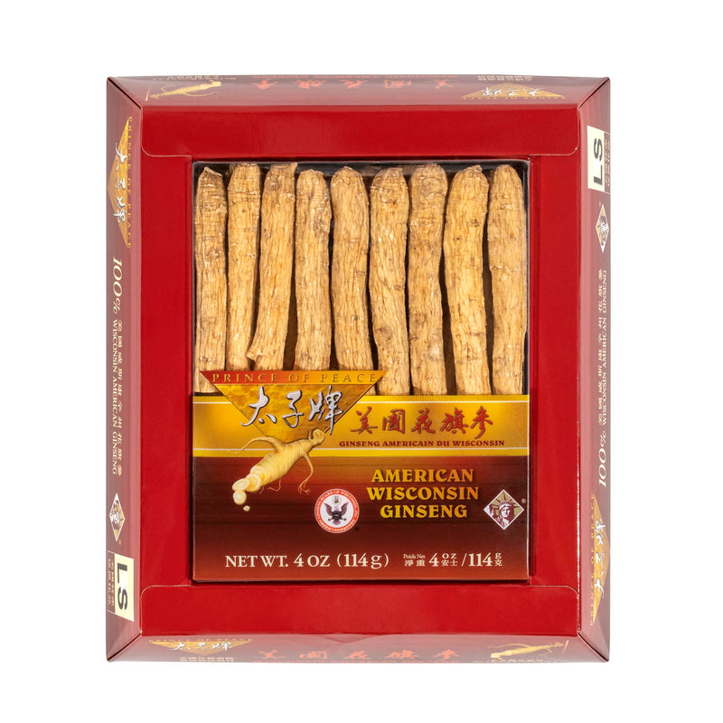 A package of Prince of Peace Wisconsin American Ginseng Long Small Roots, 4oz