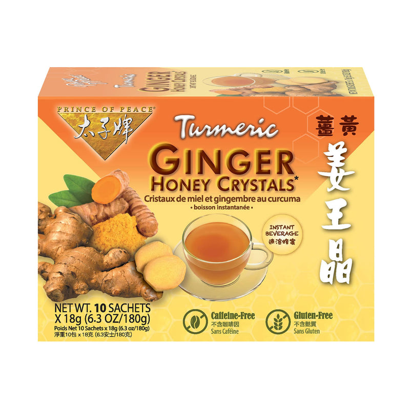 A package of Prince of Peace Instant Turmeric Ginger Honey Crystals, 10 sachets.