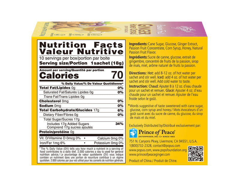 The back panel of Prince of Peace Instant Passion Fruit Ginger Honey Crystals, 10 sachets with Nutrition Facts Table and ingredient list.