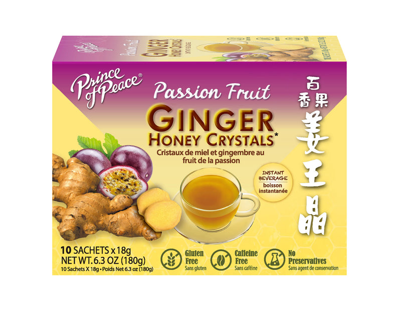 A package of Prince of Peace Instant Passion Fruit Ginger Honey Crystals, 10 sachets.