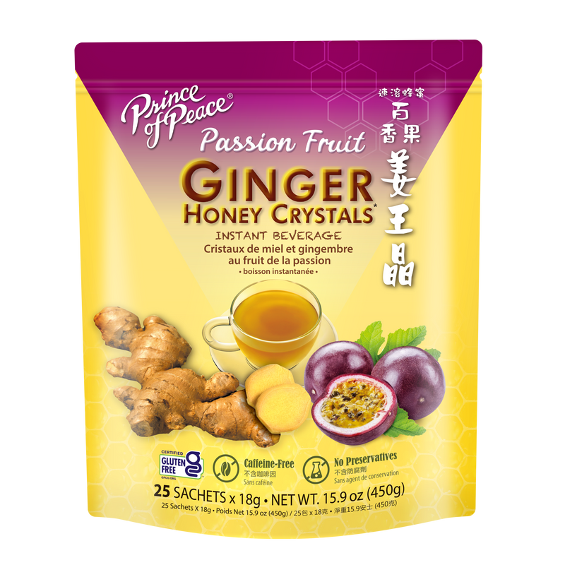 A package of Prince of Peace Instant Passion Fruit Ginger Honey Crystals, 25 sachets