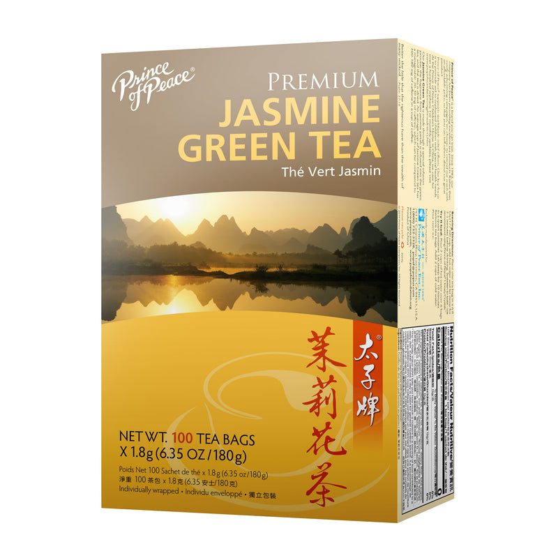 A package of Prince of Peace Premium Jasmine Green Tea, 100 tea bags.