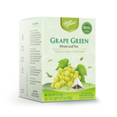 A box of Prince Prace Grape Green Whole Leaf Tea, featuring a light green and white design with illustrations of green grapes and leaves, and a triangular tea bag graphic on the front.