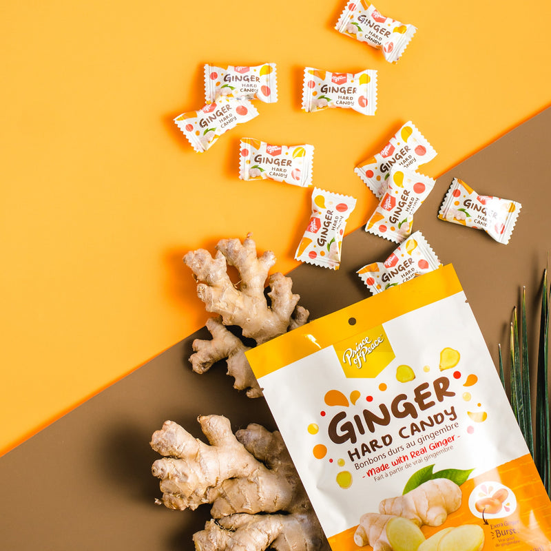 A package of Prince of Peace Ginger Hard Candy with gingers and pieces. on a brown and yellow background.
