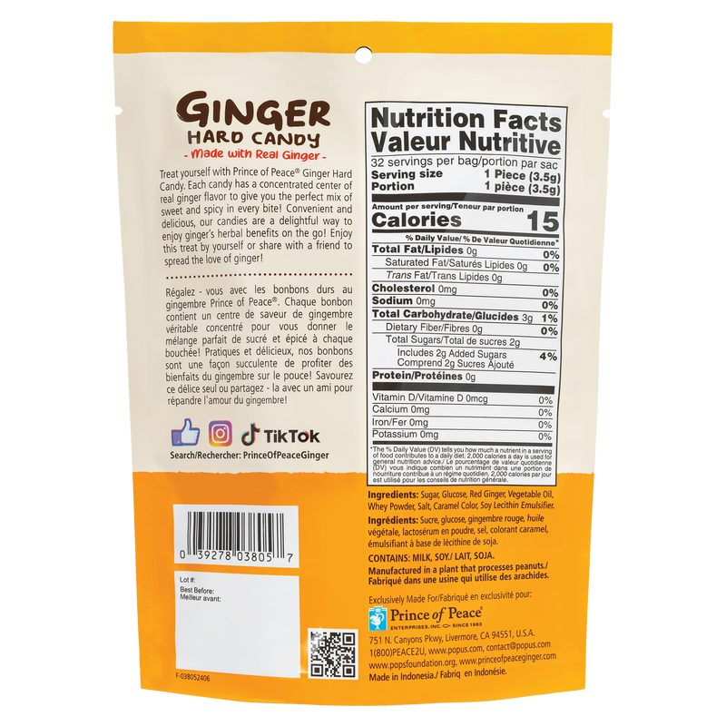 The back panel of Prince of Peace Ginger Hard Candy, 4oz-back panel and NFT.