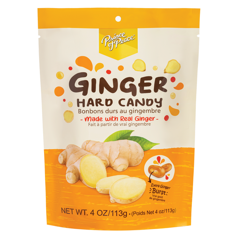 A package of Prince of Peace Ginger Hard Candy, 4oz-front panel.