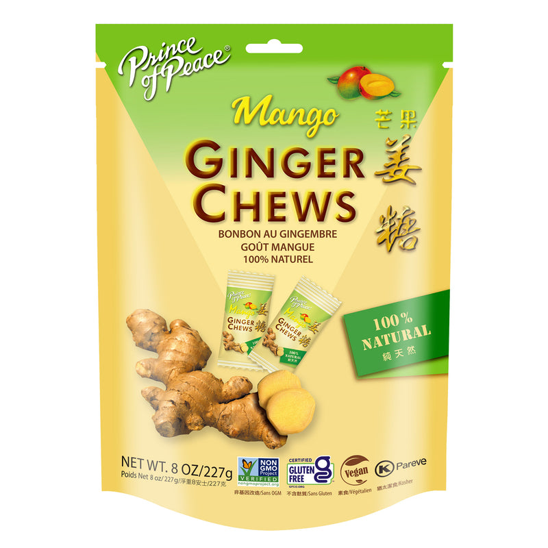 A package of Prince of Peace Ginger Candy (Chews) With Mango, 8oz