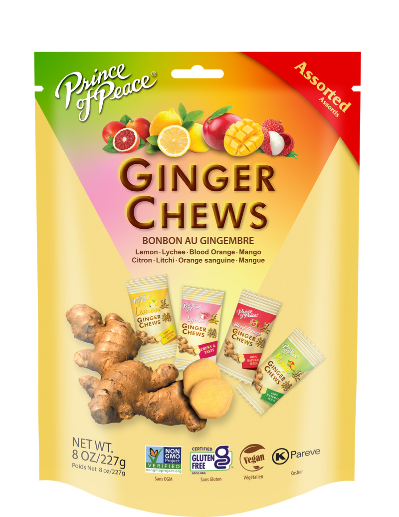 A package of Prince of Peace Ginger Candy (Chews) Assorted (Lemon, Mango, Lychee, Blood Orange) , 8oz