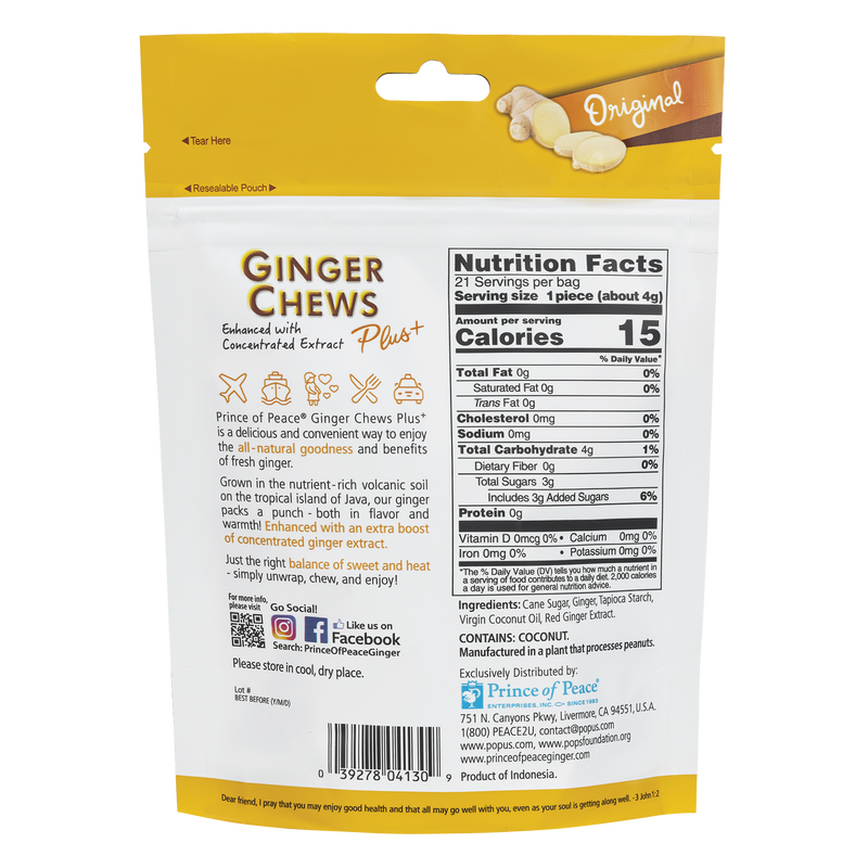 The back panel of Prince of Peace Ginger Chews Plus+, Original, 3oz.