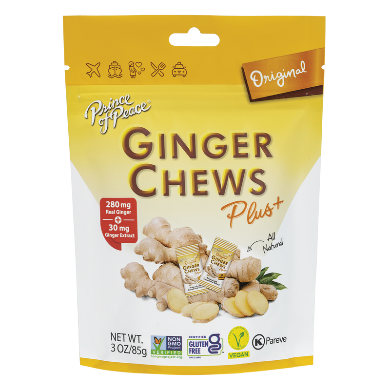 A package of Prince of Peace Ginger Chews Plus+, Original, 3oz.