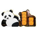 A Wing Wah panda-shaped tin box shown open beside the contents: four round golden-yellow mooncakes shaped like panda faces and one small panda-shaped cookie in a tray. The box has a black-and-white panda illustration and the brand name WING WAN visible on the lower left.