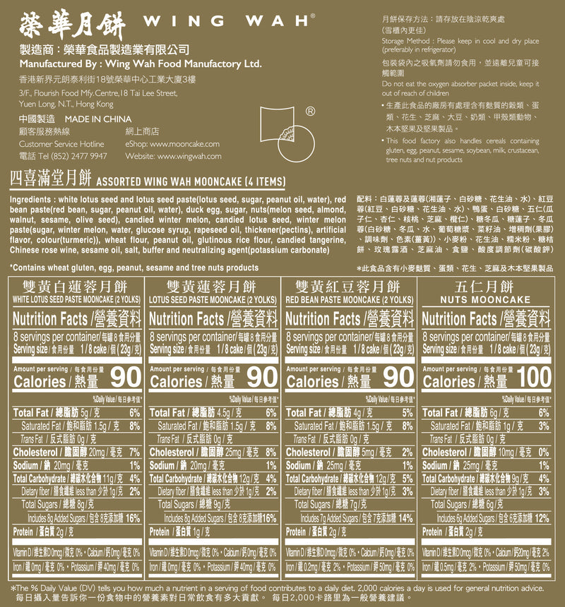 The back panel with nutrition facts of Wing Wah Premium Assorted Mooncakes, 4 pcs 4 flavors
