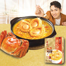 On Kee abalone crab paste in a bowel with a crab, a package and the brand celebrity aside.