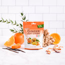 Packaging of Ginger Soft Chews for kids with ginger root, oranges, and vanilla beans on a white background.
