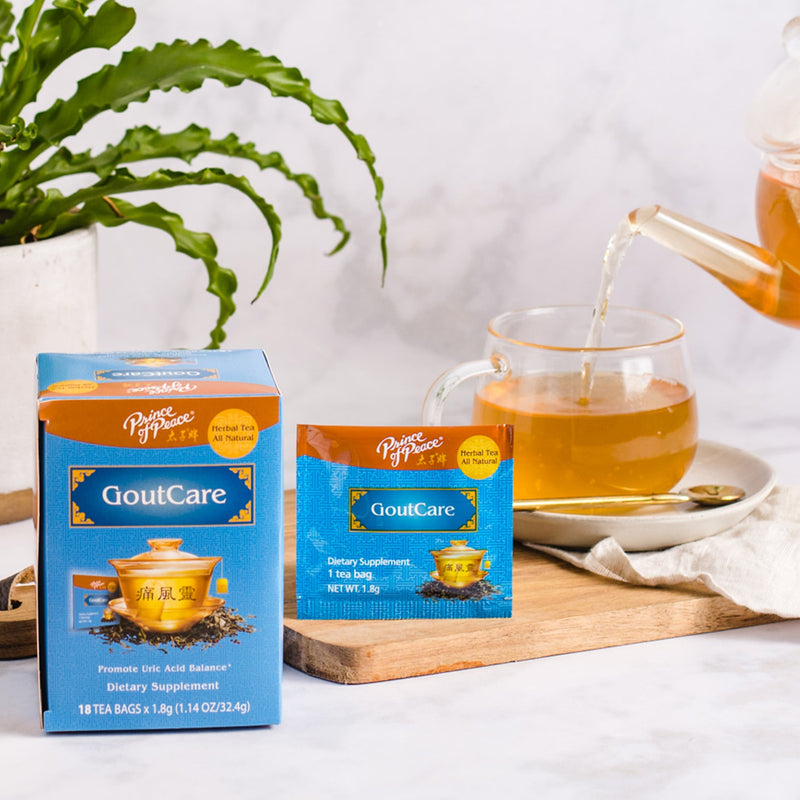 A package of Prince of Peace GoutCare Tea, a sachet in front of a glass, and a teapot pouring Tea.