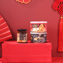 3 flavor of the giftpack: Abalone In Black Truffle Sauce, Braised Abalone and XO Sauce on a red background.