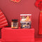 3 flavor of the giftpack: Abalone In Black Truffle Sauce, Braised Abalone and XO Sauce on a red background.