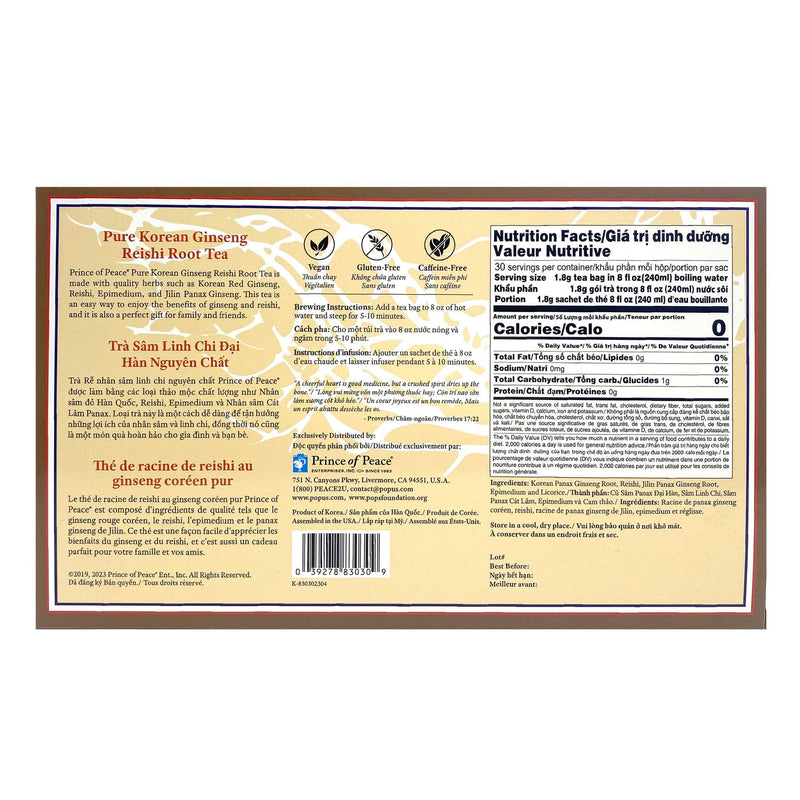 Prince of Peace Pure Korean Ginseng Reishi Root Tea back panel