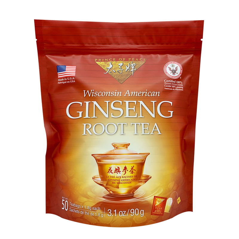 A package of Prince of Peace American Ginseng Root Tea, 50 tea bags