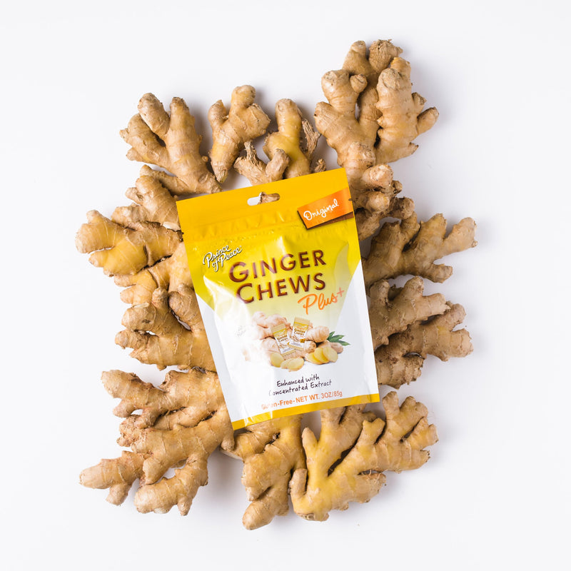 A package of Prince of Peace Ginger Chews Plus+, Original, 3oz in front of gingers.