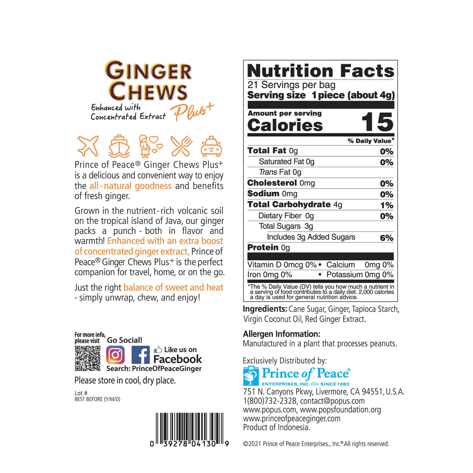 Prince of Peace Ginger Chews Plus+, Original, 3oz Prince of Peace Ent Inc