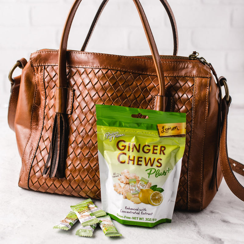 Prince of Peace Ginger Chews Plus+, Lemon, 3oz with a tote bag.