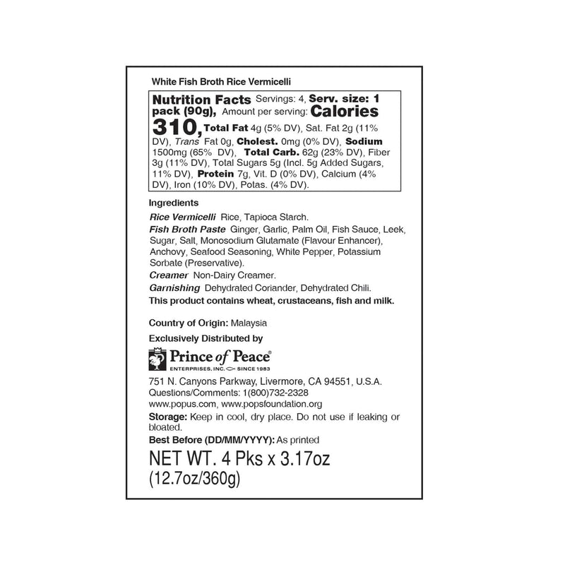 MyKuali White Fish Broth Instant Rice Vermicelli, 4 packets Nutrition Facts.