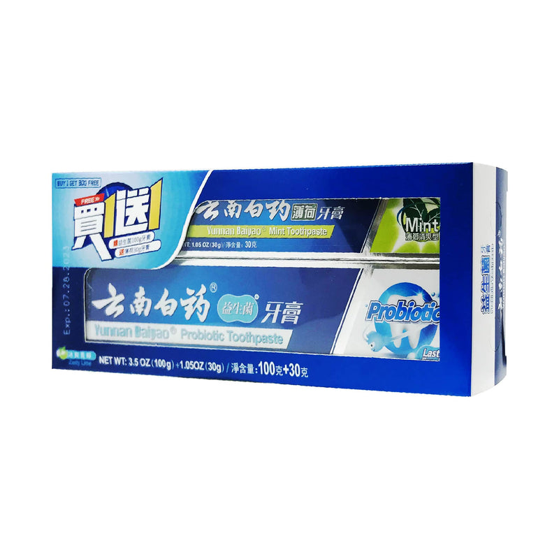 Yunnan Baiyao Probiotic Toothpaste, 100g  (bonus pack with Free Mint Toothpaste, 30g)