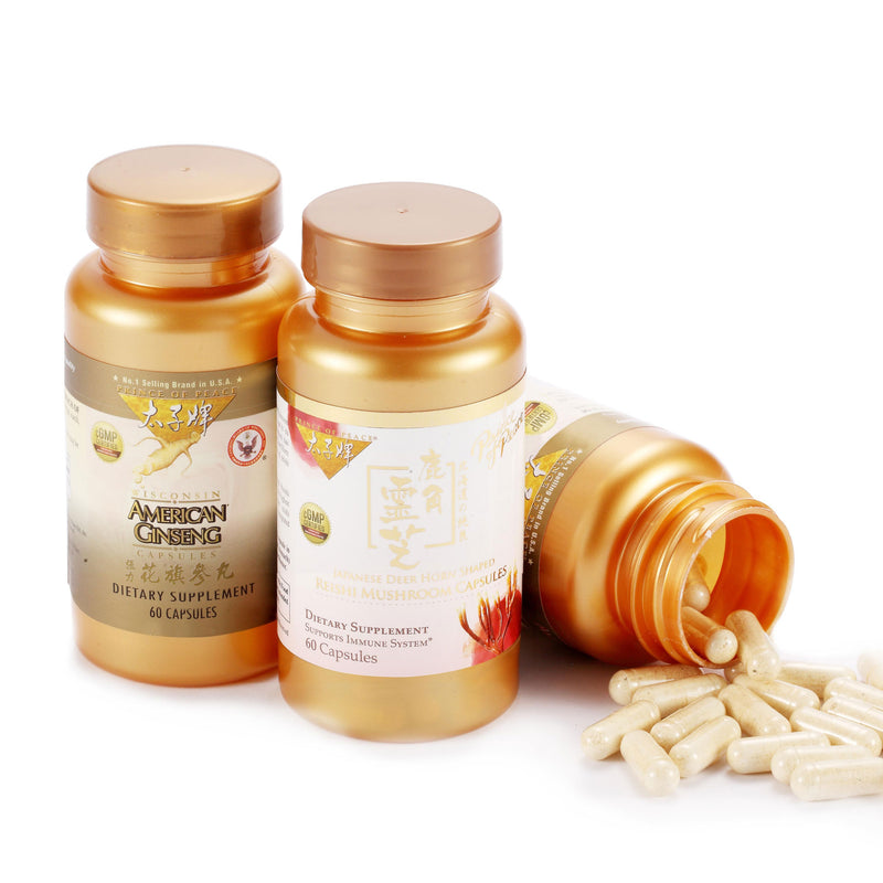 Prince of Peace American Ginseng capsules and Reishi capsules.