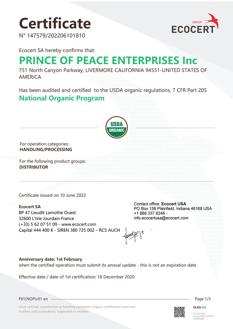 Prince of Peace Organic tea certificate.