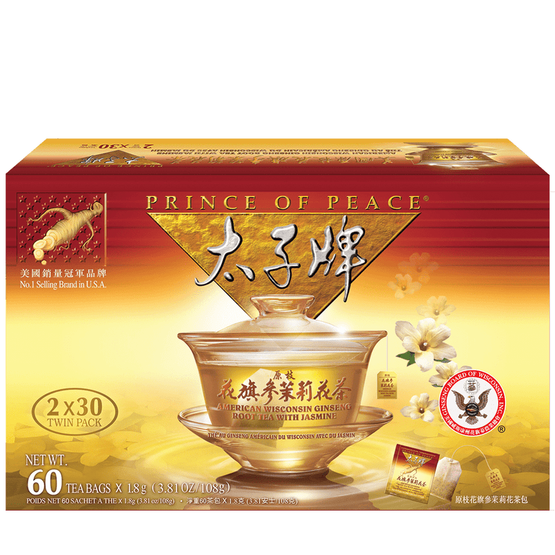 Prince of Peace American Ginseng Root Tea with Jasmine, Twin Pack (2 boxes X 30 tea bags)