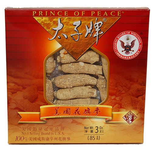 A package of Prince of Peace Wisconsin American Ginseng Large Short Roots, 3oz